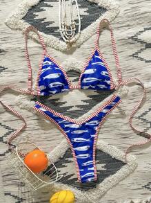 Swim Mod 女士性感鱼纹比基尼套装，夏季度假欧式泳装，两件套泳衣，适合独立日 - 彩色 - 查看 1