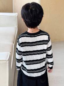 SHEIN 男童日常休闲黑白条纹套头毛衣 - 黑與白 - 查看 3