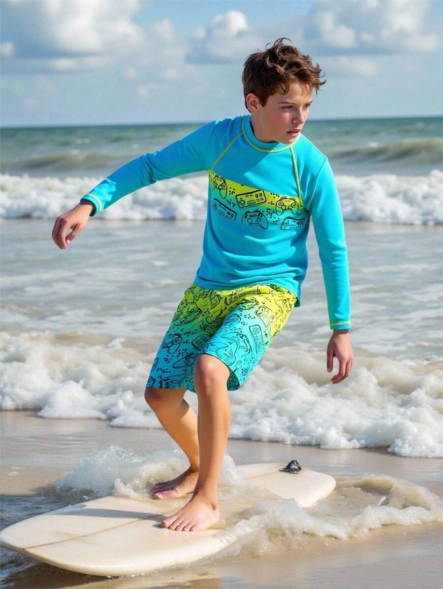 青少年男童两件套泳衣套装 - 电子游戏印花泳裤（带防晒衣），夏季沙滩装 - 青碧色 - 查看 1