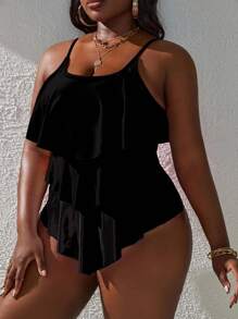 Slaydiva Plus Size Summer Beach Ruffle Trim One-Piece Swimsuit - Black - View 1