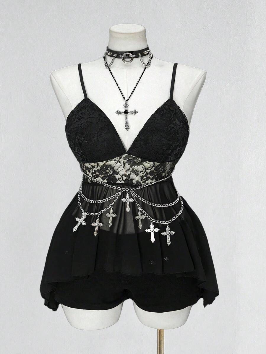 Flirla 大码性感优雅透视撞色蕾丝雪纺吊带背心,贴身睡衣 - 黑色 - 查看 1