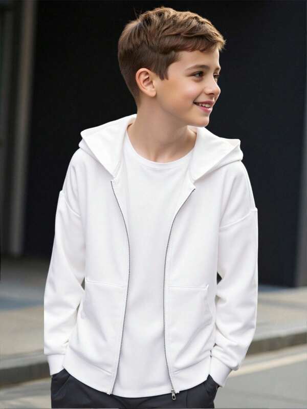 SHEIN Cardigan esportivo casual para meninos adolescentes, estilo artístico, retrô, solto, com capuz e bolsos de remendo, adequado para a volta às aulas, adequado para festas de aniversário, festas noturnas, apresentações, casamentos, batizados, cerimônias de abertura, uso diário, adequado para a escola, adequado para viagens, adequado para esportes, adequado para as estações de primavera e outono, moletom com capuz branco com zíper