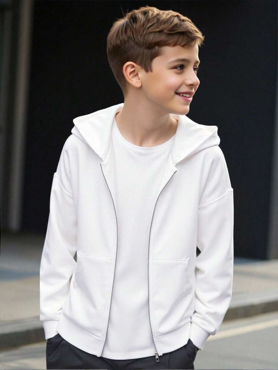 SHEIN 1 件青少年男孩休闲运动学院艺术风格复古宽松连帽开衫，带贴袋，适合返校，适合生日派对、晚会、表演、婚礼、洗礼、开幕式，适合日常使用，适合上学，适合旅行，适合运动，适合春秋季节，白色拉链连帽衫