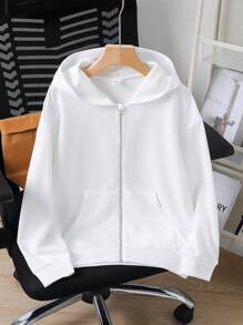 SHEIN 1 件青少年男孩休闲运动学院艺术风格复古宽松连帽开衫，带贴袋，适合返校，适合生日派对、晚会、表演、婚礼、洗礼、开幕式，适合日常使用，适合上学，适合旅行，适合运动，适合春秋季节，白色拉链连帽衫