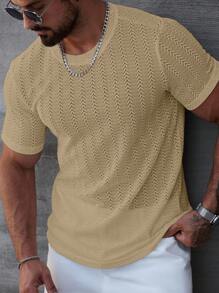 Manfinity Homme 男士夏季休闲纯色纹理短袖T恤男式钩针衬衫网眼男士上衣男士杏色T恤针织T恤男士米色图案T恤男士 - 卡其色 - 查看 3