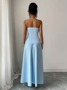 Elenzga Elegant Waisted Top With Rhinestones And Flared A-Line Skirt, Blue 2 Pieces Outfit Suit For Women, Suitable For Dating, Shopping, Outing, Music Festival And Other Occasions In Spring/Summer