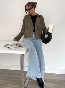 Siren Gaze Women's Button-Up Belted Trench Coat With Raglan Sleeves In Fall/Winter Green Casual Christmas - Olive Green - View 3