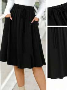 SHEIN LUNE Falda De Talle Alto De Talla Grande Con Bolsillos - Negro - Ver 1