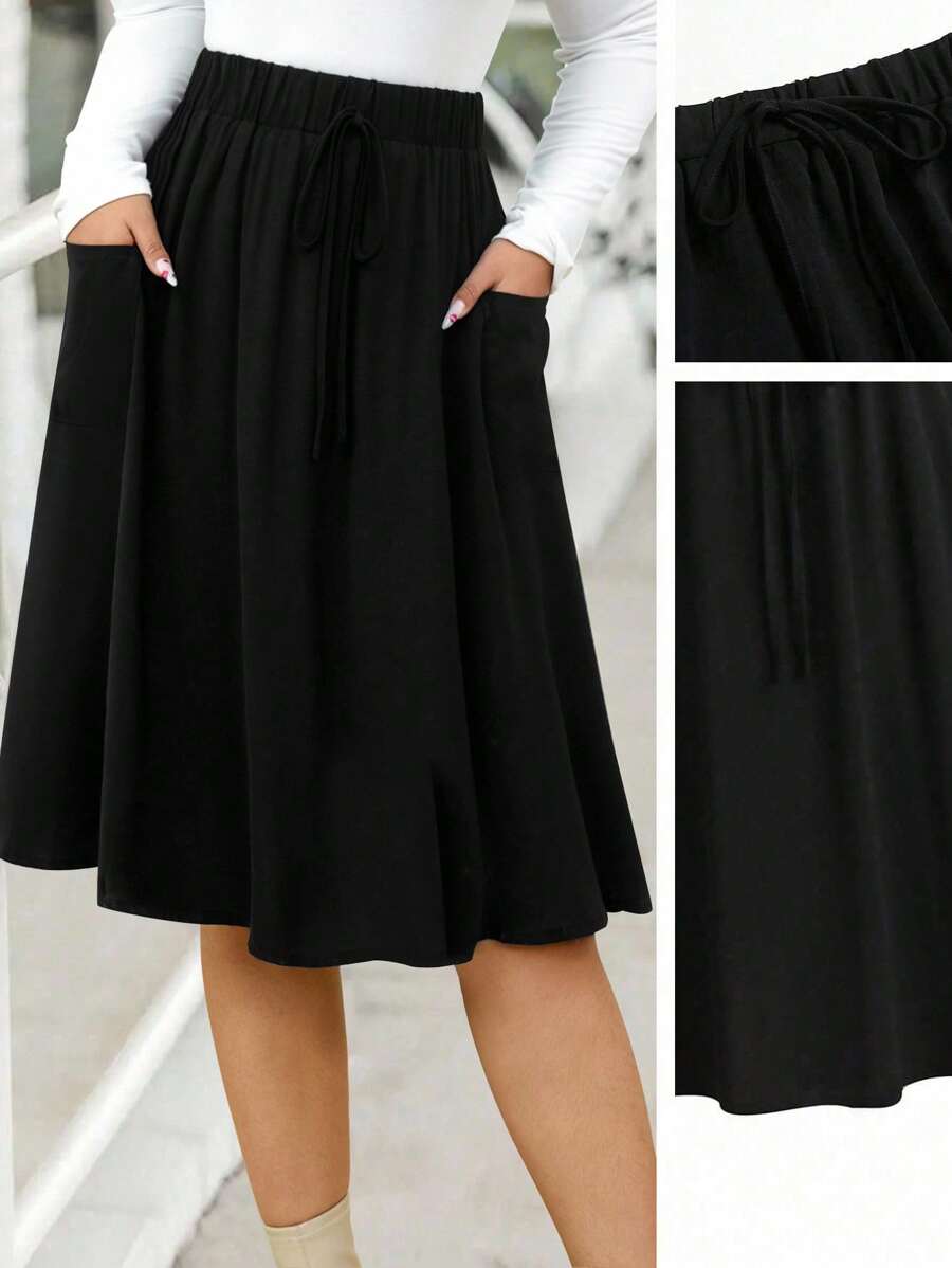 SHEIN LUNE Falda De Talle Alto De Talla Grande Con Bolsillos - Negro - Ver 1