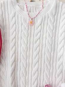 SHEIN 少女休闲日常纯色扭结针织圆领麻花毛衣，适合秋冬季节穿着，可爱又时尚。 - 白色 - 查看 4