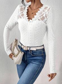 SHEIN PETITE CURVE Plus Size Elegant Solid Color Lace Patchwork T-Shirt, Autumn, Suitable For People Of Shorter Stature - White - View 7
