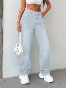 RueChic 100%纯棉女式高腰直筒复古洗水牛仔裤 - 淺色水洗藍 - 查看 3