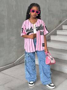 少女时尚街头条纹编织黑色字母印花短袖衬衫粉色棒球衫街头潮酷棒球衬衫 - 粉色 - 查看 3