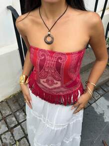 Sunnyshic Vintage Paisley Pattern Crochet Tassel Lace-Up Backless Crop Top - Red - View 7