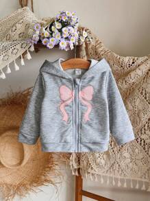SHEIN 女婴可爱休闲百搭蝴蝶结图案刺绣长袖夹克，适合所有季节，日常穿着 - 彩色 - 查看 4