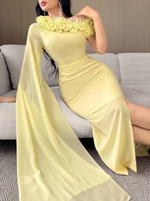Feyla Women's Elegant Exaggerated Ruffle Asymmetrical Shoulder Split Dress - Yellow - View 4