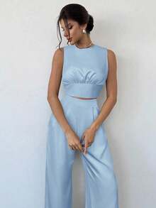 Firerie 女士优雅简约别致性感浪漫通勤音乐节派对情人节约会露背无袖上衣和褶皱阔腿裤黑色 2 件套 - 藍色 - 查看 3