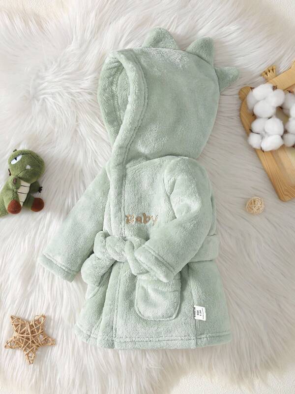 Newborn Casual Cute Knitted Fleece Hooded Long Sleeve Pajamas With Embroidered Letter Pockets And Waist Belt, Soft & Comfortable Loungewear Winter Clothes For Baby