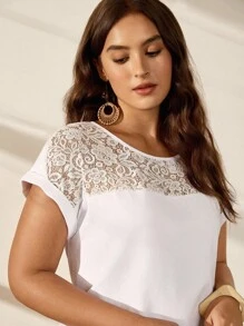 EMERY ROSE Plus Size Women Lace Splicing Bat Sleeve Round Neck T-Shirt - White - View 4
