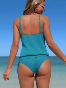 Swim Lushoire 女式夏季海滩度假纯色罗纹比基尼上衣和性感低腰泳衣下装 2 件套 - 橄欖綠 - 查看 2