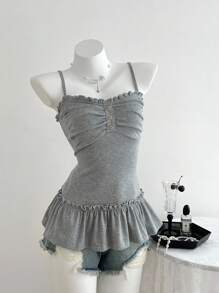 Elamini 女士夏季休闲纯色褶饰胸围荷叶边修身吊带背心 - 灰色 - 查看 7