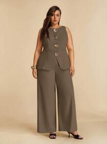 SHEIN BAE Plus Size Women Metal Flower Decor Vest & Wide Leg Pants Casual Set,Business Casual Woman/ Plus Size Two Piece Outfits/ Plus Size Wide Leg Pantsuit/ Plus Size Pant Suit,Fall Clothes For Women