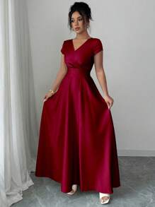 Elenzga Vestido elegante y romántico de línea A con cuello en V rojo y fruncido para mujeres, disfraz de Halloween - Rojo - Ver 5