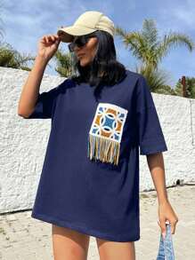 EURMUSE 100%纯棉钩针贴花胸前休闲超大圆领T恤