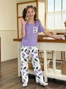 SHEIN 舒适牛奶丝印花上衣，带口袋设计，女童睡衣套装 - 紫色 - 查看 2