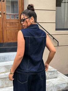SHEIN ICON Chaqueta de mezclilla tipo chaleco con botones delanteros y bolsillo con solapa para tallas grandes de estilo informal y a la moda - Azul lavado oscuro - Ver 2
