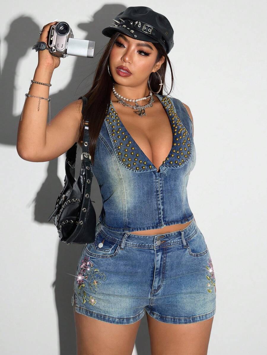 Jeanoix Plus Size Women Beaded Design Deep V-Neck Fitted Sexy Denim Vest Jacket Y2K