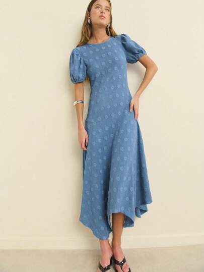 Nöista Fit-And-Flare Silhouette Textured Floral Fabric, Crew Neckline With Puff Sleeves; Lightweight Breathable Design Perfect Beach Outfits For Women, Airport Outfit For Women, And Casual Pride Celebration Looks; Versatile Summer Essential.