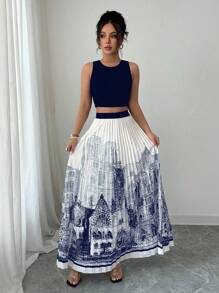 Franclia Damen 2-teiliges Set: einfarbiges kurzes Trägertop und plissierter Rock mit Architektur-Muster, elegant und modisch