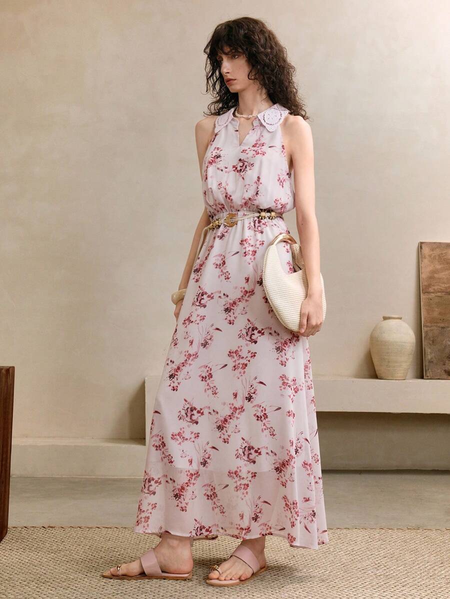 GENKIRA Vestido maxi ajustado con panel de encaje hueco, estampado floral romántico, elegante y apropiado para usar en la ciudad, de estilo vacacional, para primavera/verano/otoño - Púrpura malva - Ver 1