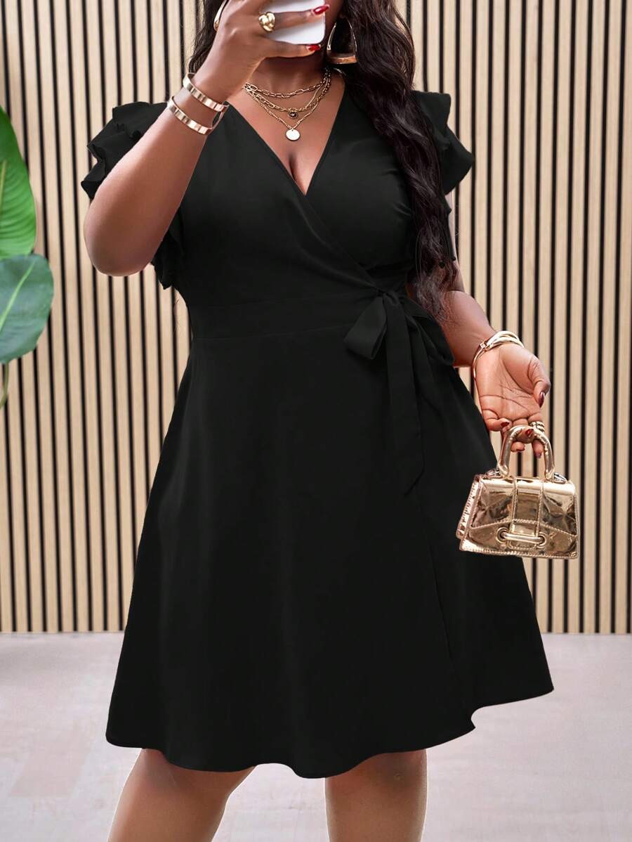 Slaydiva 大码黑色双荷叶边裹腰 A 字型春夏度假连衣裙 - 黑色 - 查看 1