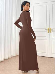 Modelyn Vestido de manga larga de estilo árabe con ajuste de cintura elegante y sencillo para mujer - Café integral - Ver 4