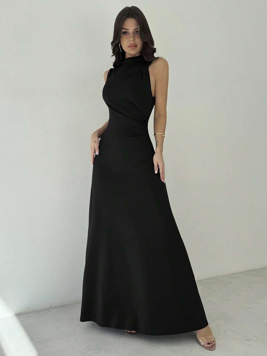 Firerie 女士优雅度假海滩派对连衣裙，不对称肩部，收腰 A 字廓形，无袖，长款，紫红色针织 - 黑色 - 查看 1