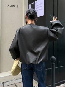 Muchica 秋冬女士仿旧仿皮花卉飞行员夹克 - 黑色 - 查看 2