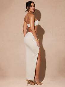 Silquee Women's Summer Light Apricot Sexy Short Twisted Tube Top And High Slit Waist Skirt Two Piece Set, Pool Party Wear Summer Beach Wear Women's Vacation Wear