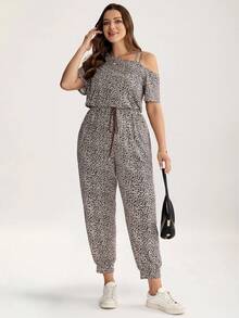 SHEIN LUNE 大码女装夏季时尚豹纹不对称领抽绳腰宽松连体裤 豹纹连体裤 女式大码服装 连体裤 大码豹纹连体裤 豹纹印花连体裤 大码连体裤 - 彩色 - 查看 8