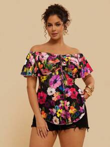 SHEIN VCAY Plus Size Women Oil Painting Floral Print Off Shoulder Short Sleeve Cinched Waist A-Line T-Shirt, Summer Plus Size Summer Plus Size Resort Wear Plus Size Beachwear Plus Size Floral Top Plus Size Off The Shoulder Top ,Vacation Woman Vacay Women Beach For Women Holiday Summer City Break, Boho Chic Boho Style, European Summer Island Vacation Honeymoon Travel Airport Going Out, Country Graphic Tees - Black - View 5