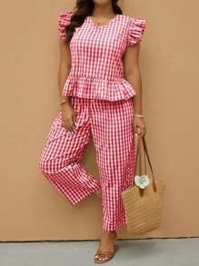 Elaquor Plus Size Women Plaid Cap Sleeve Shirt And Pants 2 Pieces Casual Set, Summer - Red - View 2