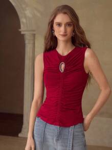 MOTF PREMIUM SOLID RHINESTONE CUTOUT FRONT RUCHED SLIM FIT TANK TOP - Red - View 4