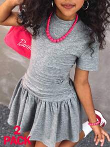 Coolane Kids Tween Girl Mock Neck Ruched Slim Fit Tee & Ruffle Hem Skirt,Back To School,Y2K,Streetwear,Summer/Fall - Grey - View 2