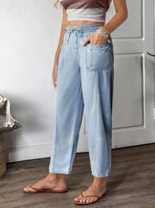 EMERY ROSE Women's Belted Pocket Casual Wide Leg Tapered Jeans