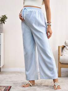 SHEIN Elastic Waist Striped Wide Leg Pants For Maternity - Blue - View 4