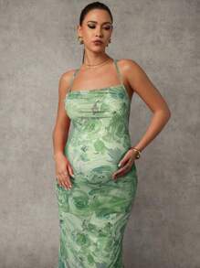 MaterniChic 花卉印花修身孕妇无袖连衣裙 - 綠色 - 查看 5