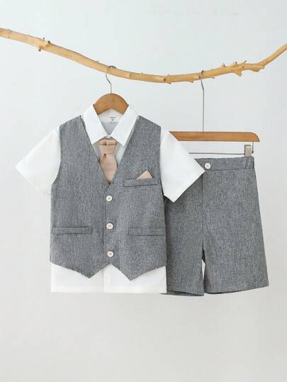 SHEIN 3-Piece Gentleman Outfit Set For Tween Boys - Short Sleeve Plain Shirt With Bow Tie + Solid Color Vest + Solid Color Shorts, And Fashionable For Birthday Party, Evening Party, Wedding, Christening, Anniversary, School, Campus, College Fall Winter