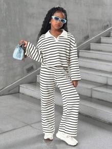 SHEIN 2件套少女黑白条纹卫衣和打底裤套装，休闲日常时尚搭配装（2件分开出售） - 黑與白 - 查看 4