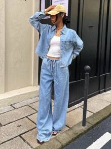 Muchica 女式夏季休闲浅蓝色水洗纽扣牛仔衬衫和牛仔裤套装 - 藍色 - 查看 4